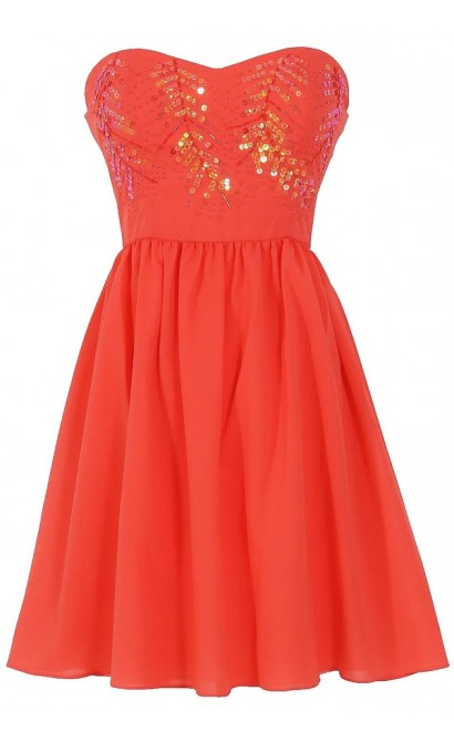 Branching Out Sequin Embellished Chiffon Designer Dress in Coral
